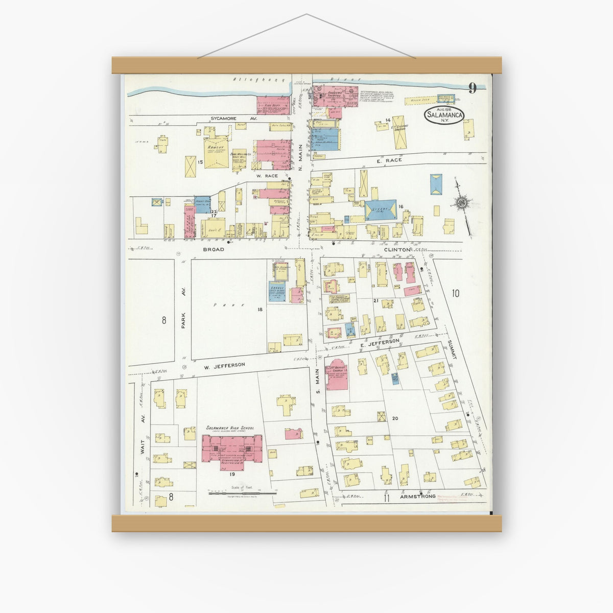 Old map wall art mockup — magnetic wood frame on white wall — Sanborn Fire Insurance Map from Salamanca, Cattaraugus County, New York (1918), Sheet #0009