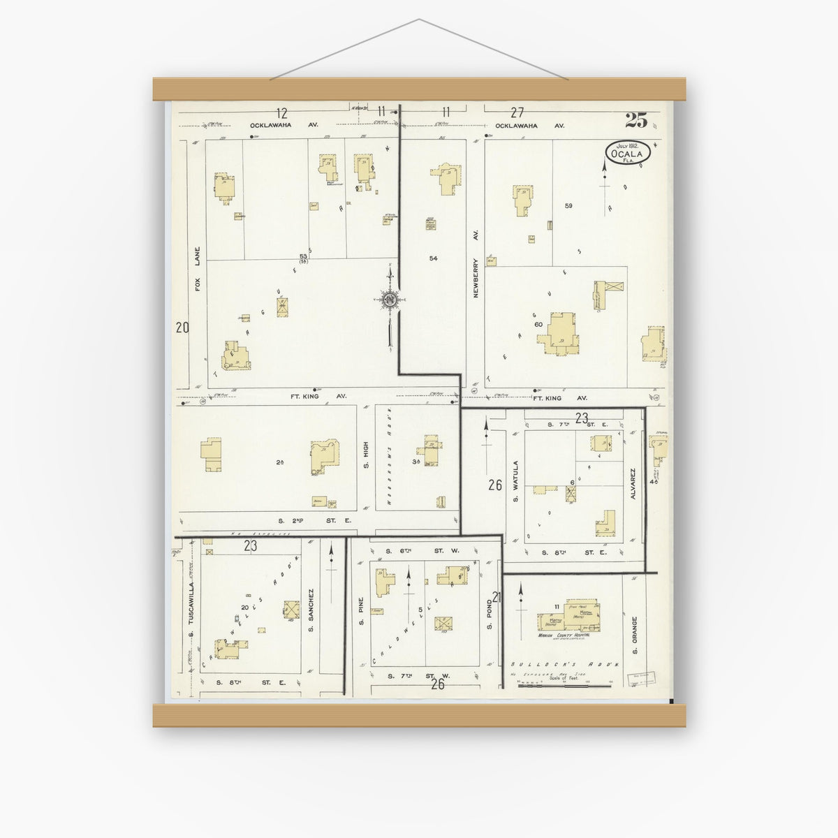 Old map wall art mockup — magnetic wood frame on white wall — Sanborn Fire Insurance Map from Ocala, Marion County, Florida (1912), Sheet #0025