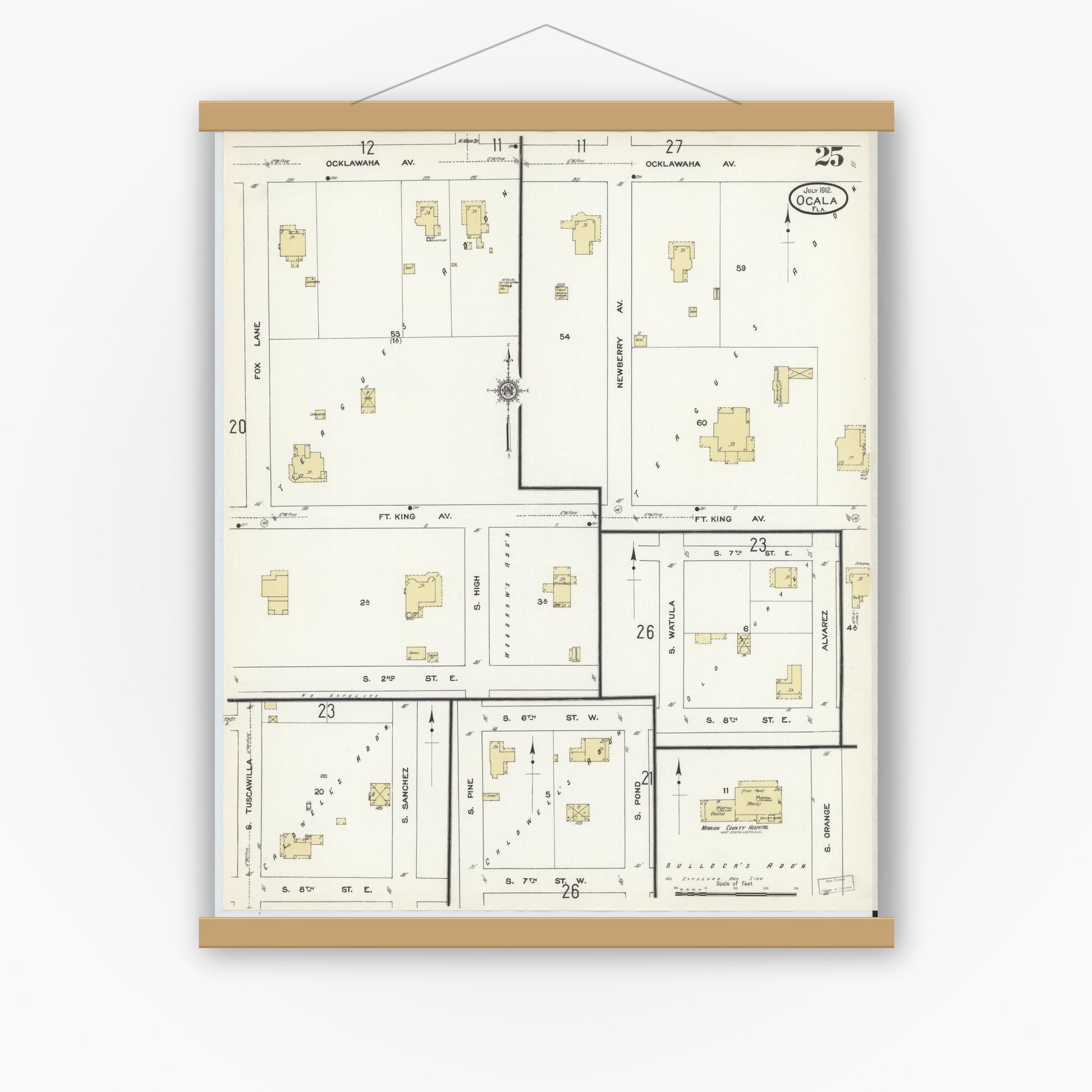 Old map wall art mockup — magnetic wood frame on white wall — Sanborn Fire Insurance Map from Ocala, Marion County, Florida (1912), Sheet #0025