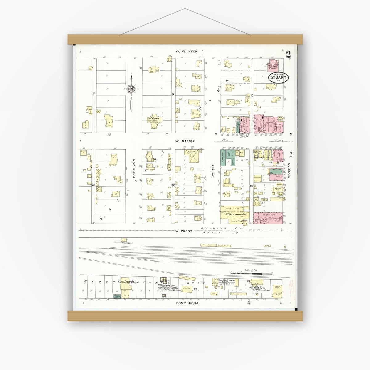 Old map wall art mockup — magnetic wood frame on white wall — Sanborn Fire Insurance Map from Stuart, Guthrie and Adair Counties, Iowa (1909), Sheet #0002