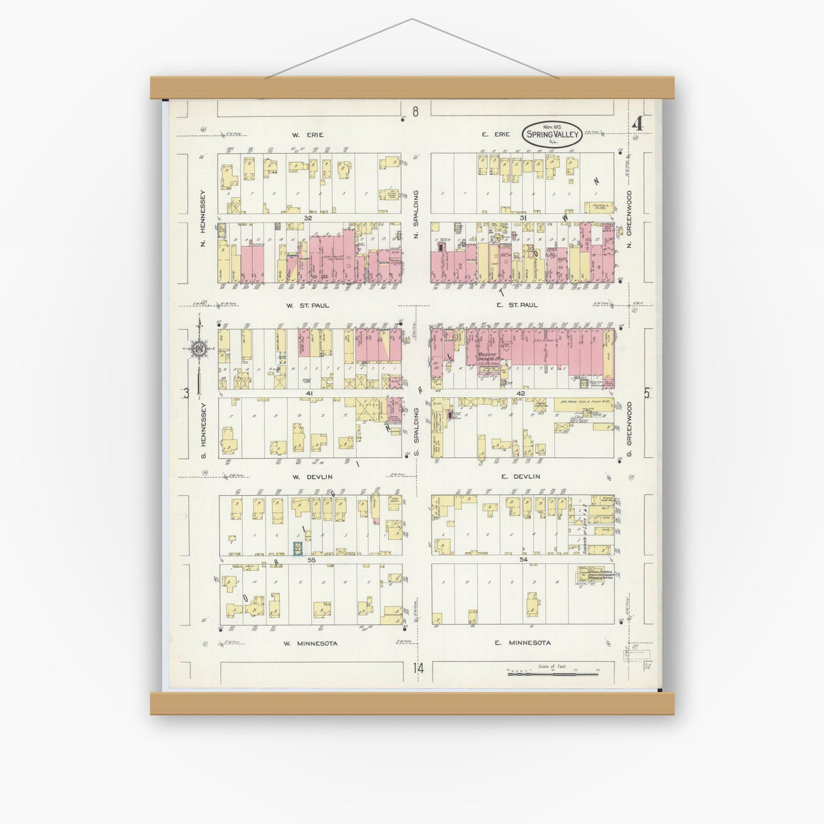 Old map wall art mockup — magnetic wood frame on white wall — Sanborn Fire Insurance Map from Spring Valley, Bureau County, Illinois (1913), Sheet #0004