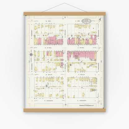 Old map wall art mockup — magnetic wood frame on white wall — Sanborn Fire Insurance Map from Spring Valley, Bureau County, Illinois (1913), Sheet #0004