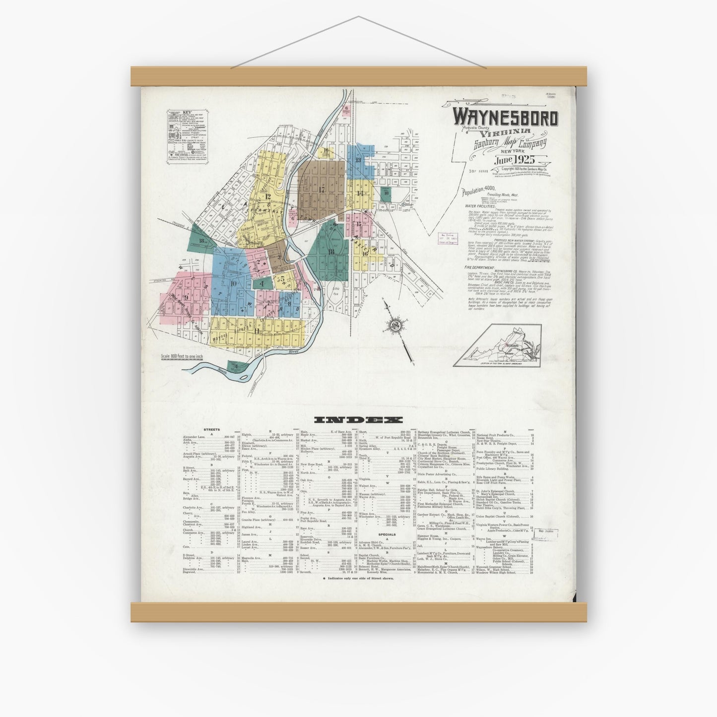 Old map wall art mockup — magnetic wood frame on white wall — Sanborn Fire Insurance Map from Waynesboro, Independent Cities, Virginia (1925), Sheet #0001