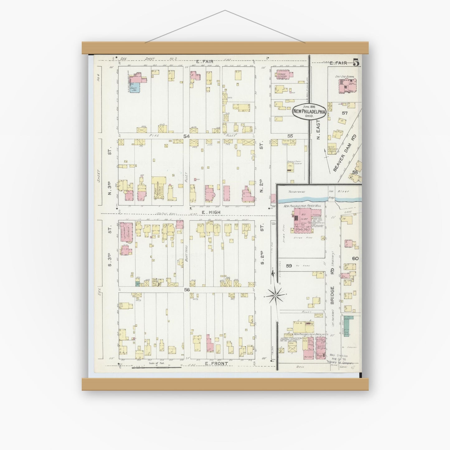 Old map wall art mockup — magnetic wood frame on white wall — Sanborn Fire Insurance Map from New Philadelphia, Tuscarawas County, Ohio (1892), Sheet #0005