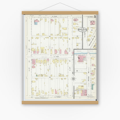 Old map wall art mockup — magnetic wood frame on white wall — Sanborn Fire Insurance Map from New Philadelphia, Tuscarawas County, Ohio (1892), Sheet #0005