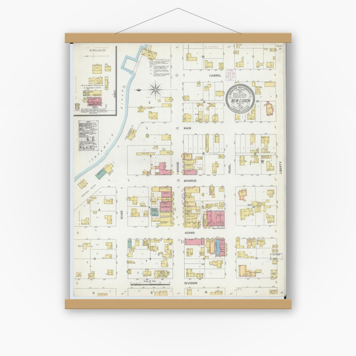 Old map wall art mockup — magnetic wood frame on white wall — Sanborn Fire Insurance Map from New Lisbon, Juneau County, Wisconsin (1902), Sheet #0001
