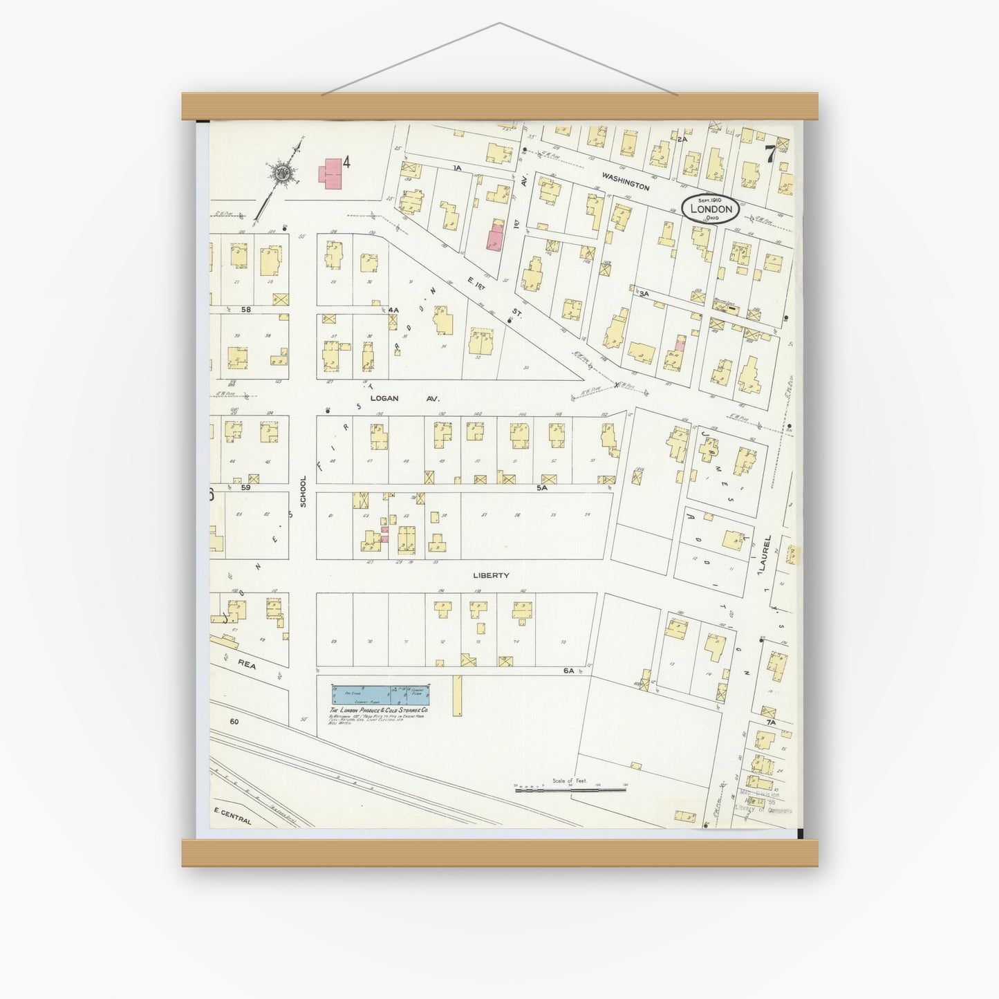 Old map wall art mockup — magnetic wood frame on white wall — Sanborn Fire Insurance Map from London, Madison County, Ohio (1910), Sheet #0007