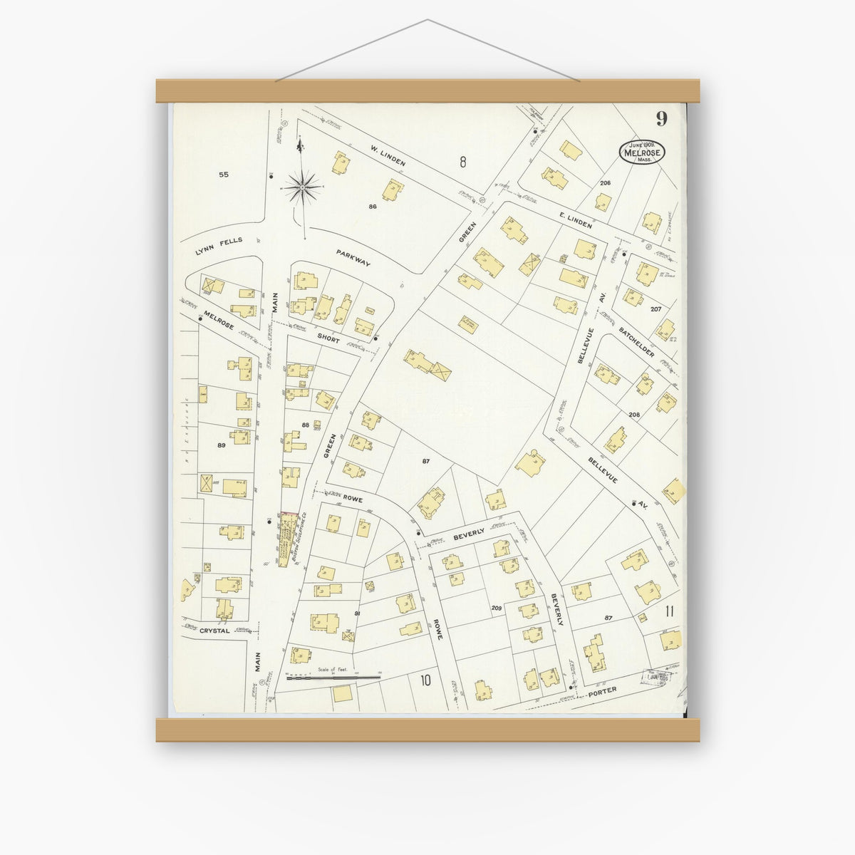 Old map wall art mockup — magnetic wood frame on white wall — Sanborn Fire Insurance Map from Melrose, Middlesex County, Massachusetts (1909), Sheet #0009