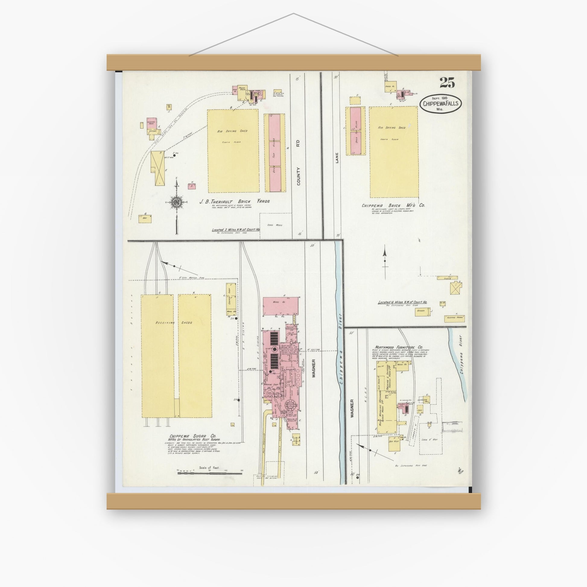 Old map wall art mockup — magnetic wood frame on white wall — Sanborn Fire Insurance Map from Chippewa Falls, Chippewa County, Wisconsin (1910), Sheet #0025