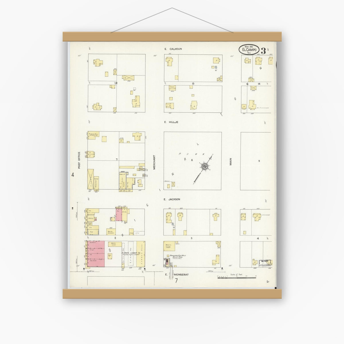 Old map wall art mockup — magnetic wood frame on white wall — Sanborn Fire Insurance Map from El Campo, Wharton County, Texas (1912), Sheet #0003
