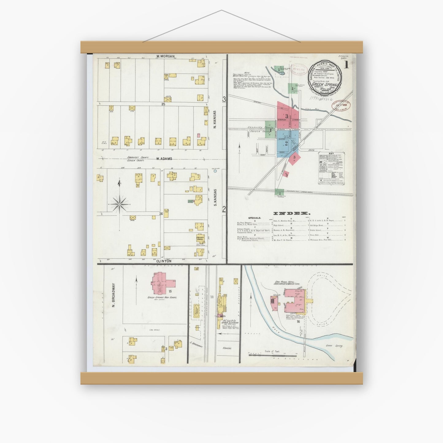 Old map wall art mockup — magnetic wood frame on white wall — Sanborn Fire Insurance Map from Green Springs, Sandusky And Seneca Counties, Ohio (1899) - Complete Map Set