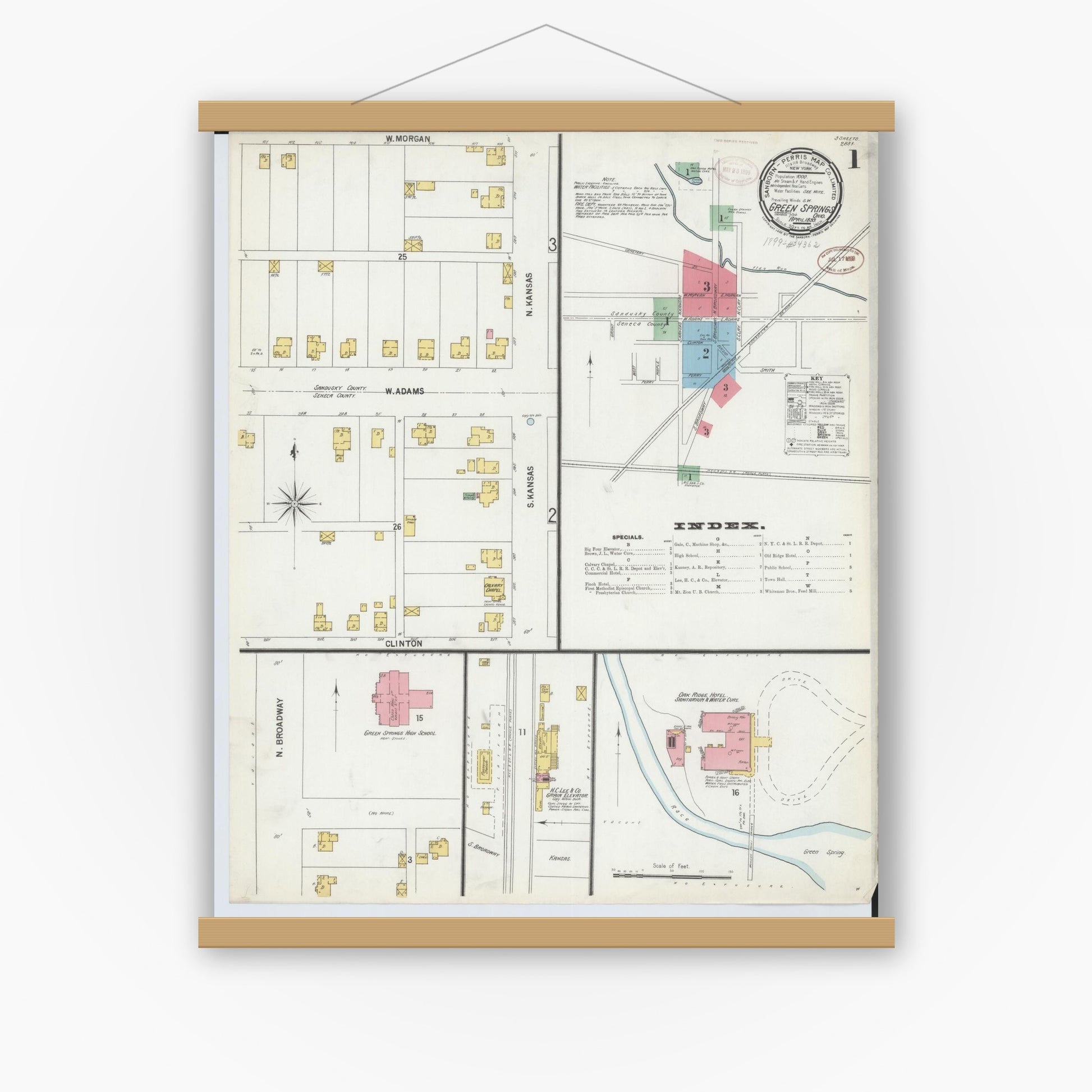 Old map wall art mockup — magnetic wood frame on white wall — Sanborn Fire Insurance Map from Green Springs, Sandusky And Seneca Counties, Ohio (1899) - Complete Map Set