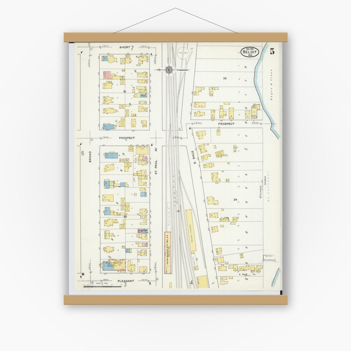 Old map wall art mockup — magnetic wood frame on white wall — Sanborn Fire Insurance Map from Beloit, Rock County, Wisconsin (1915), Sheet #0005
