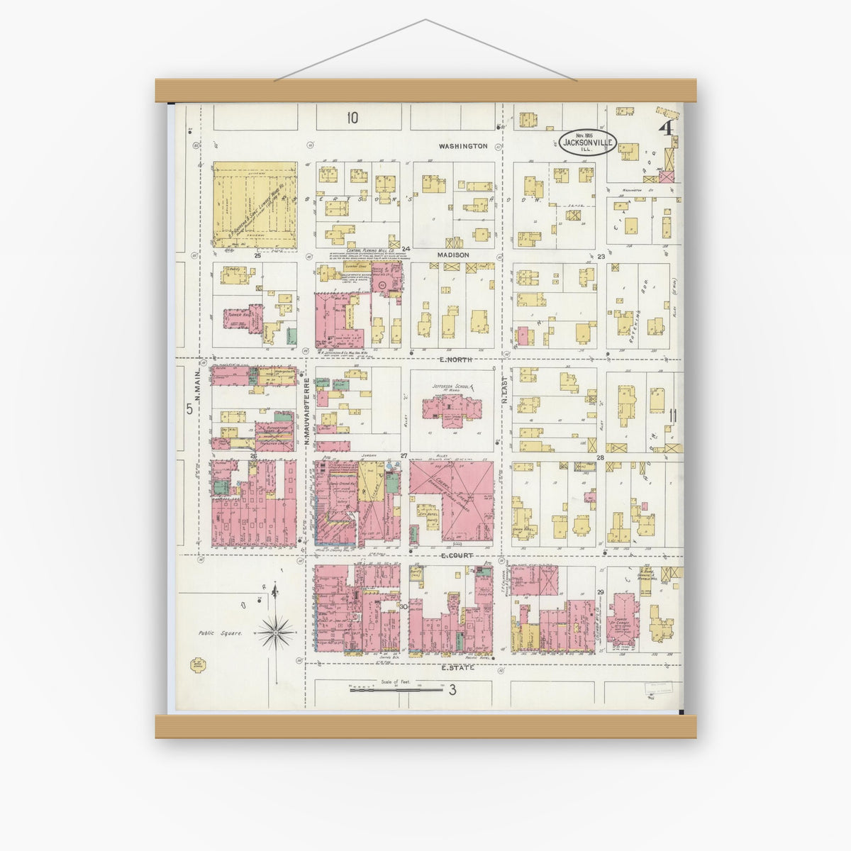 Old map wall art mockup — magnetic wood frame on white wall — Sanborn Fire Insurance Map from Jacksonville, Morgan County, Illinois (1905), Sheet #0004
