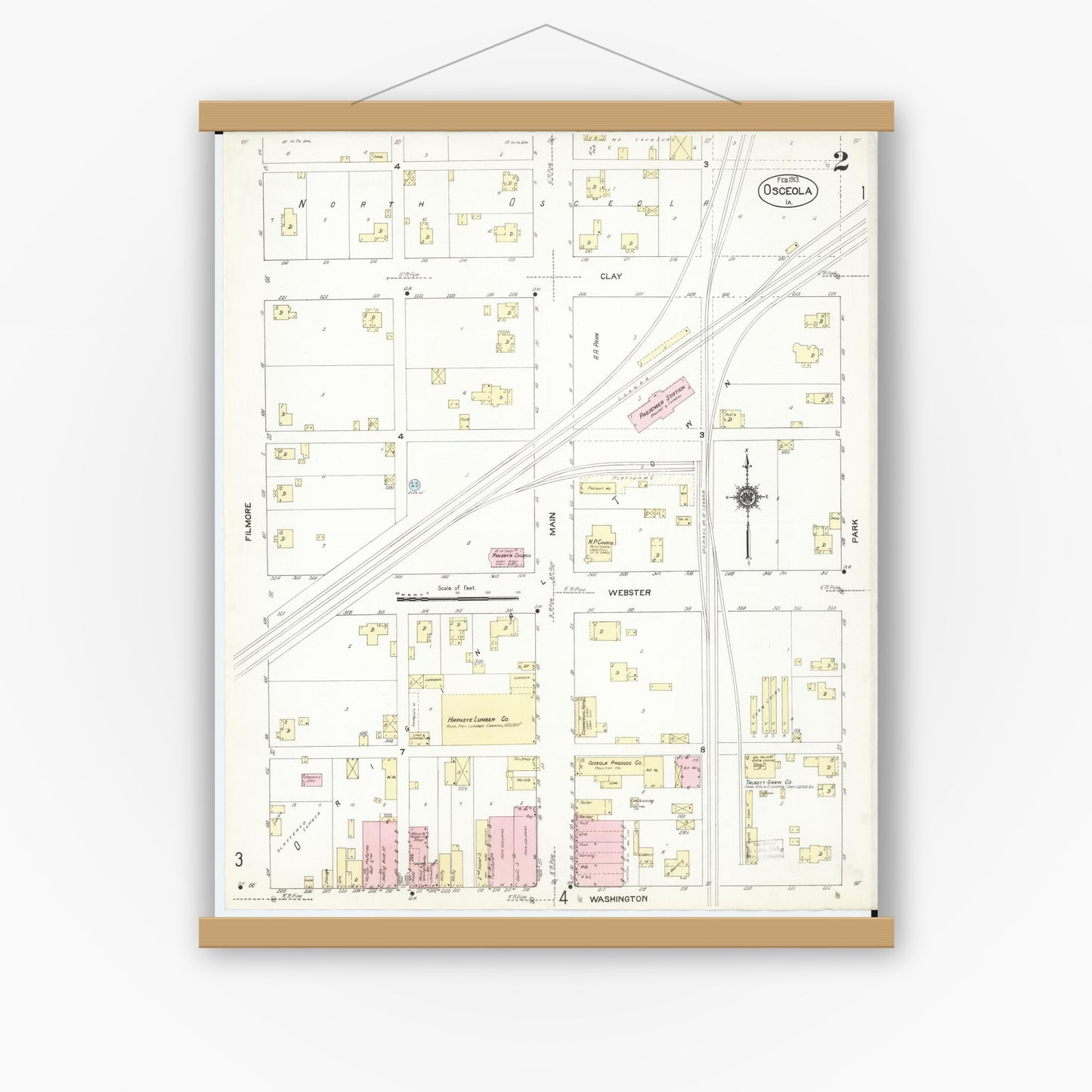 Old map wall art mockup — magnetic wood frame on white wall — Sanborn Fire Insurance Map from Osceola, Clarke County, Iowa (1913), Sheet #0002