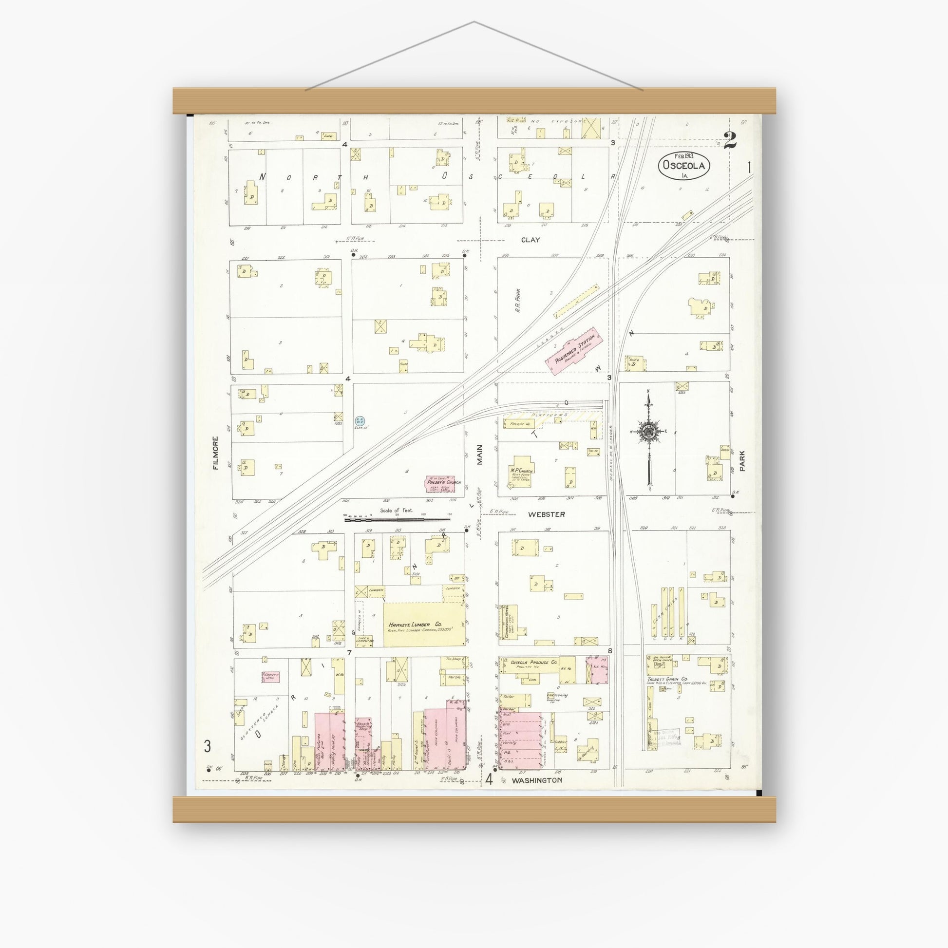Old map wall art mockup — magnetic wood frame on white wall — Sanborn Fire Insurance Map from Osceola, Clarke County, Iowa (1913), Sheet #0002