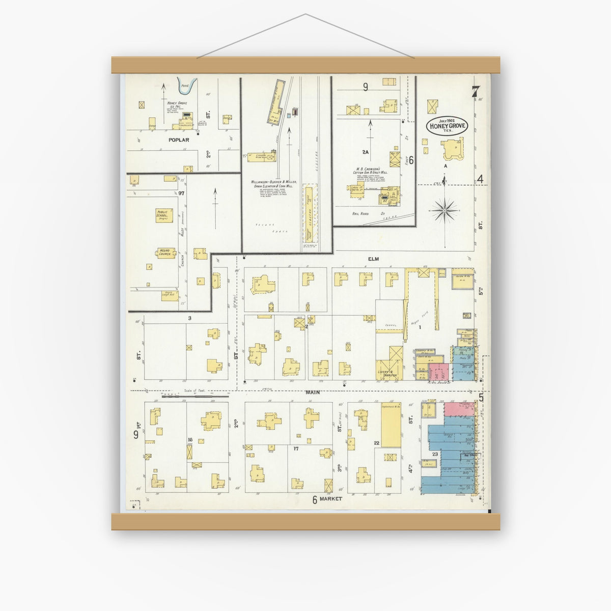 Old map wall art mockup — magnetic wood frame on white wall — Sanborn Fire Insurance Map from Honey Grove, Fannin County, Texas (1902), Sheet #0007