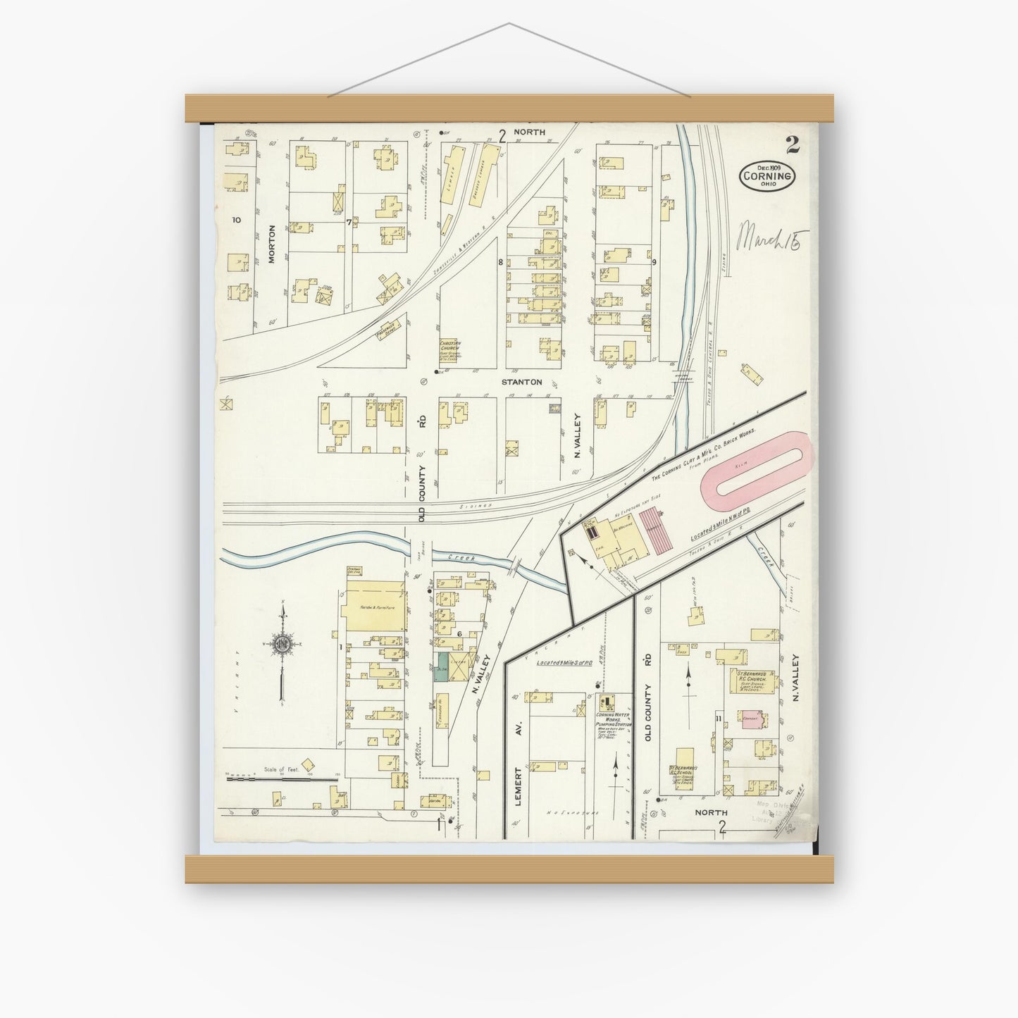 Old map wall art mockup — magnetic wood frame on white wall — Sanborn Fire Insurance Map from Corning, Perry County, Ohio (1909), Sheet #0002