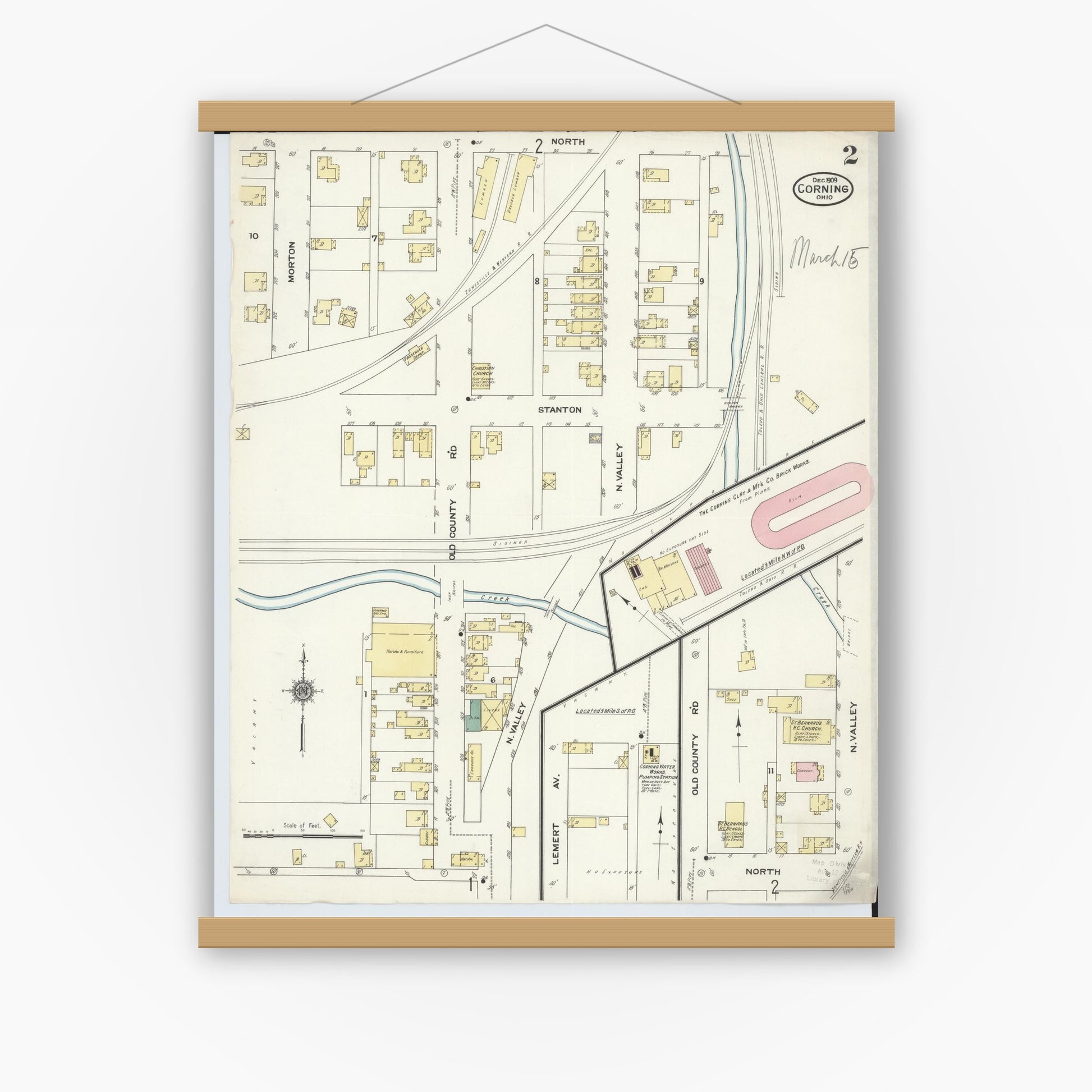 Old map wall art mockup — magnetic wood frame on white wall — Sanborn Fire Insurance Map from Corning, Perry County, Ohio (1909), Sheet #0002