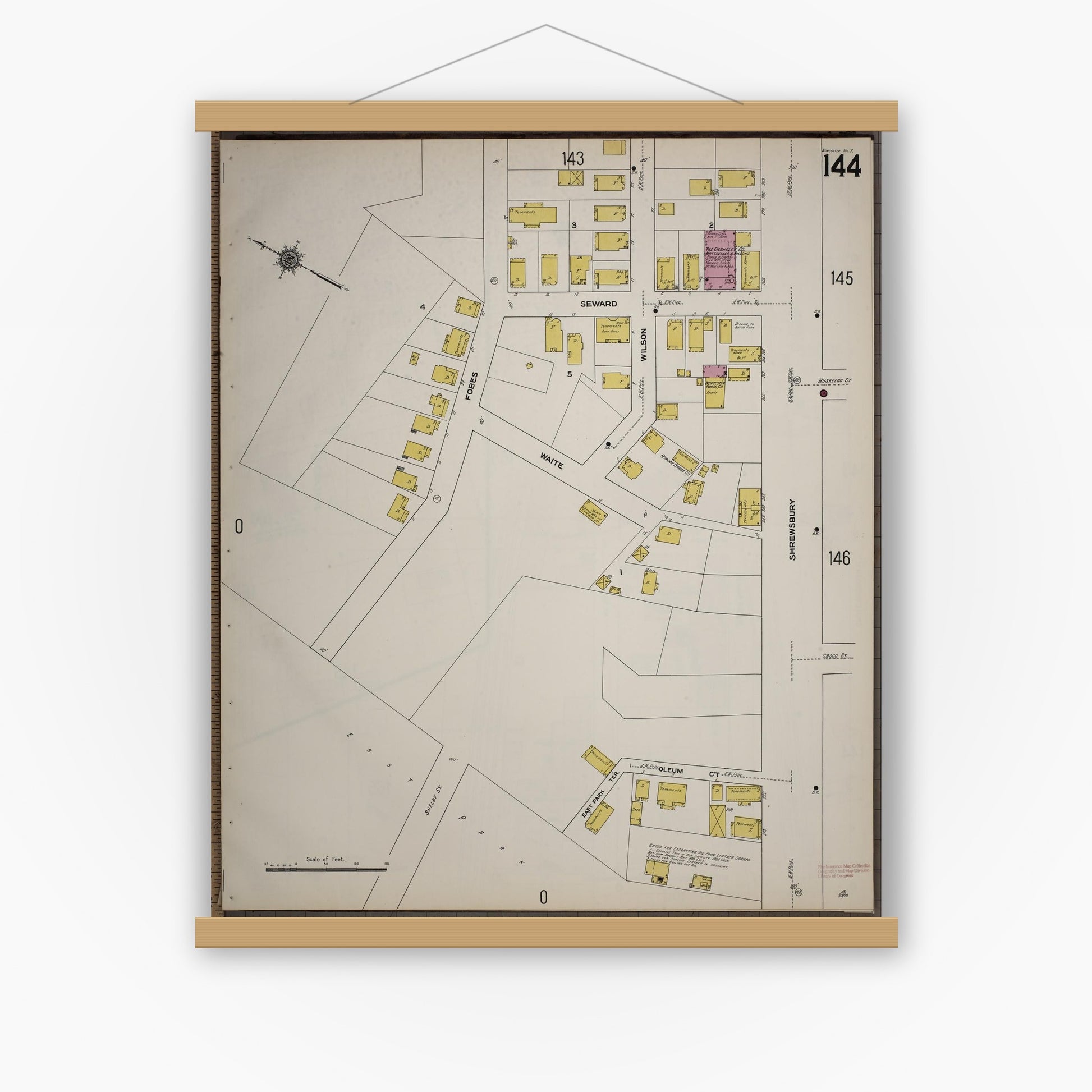 Old map wall art mockup — magnetic wood frame on white wall — Sanborn Fire Insurance Map from Worcester, Worcester County, Massachusetts (1910), Sheet #0144