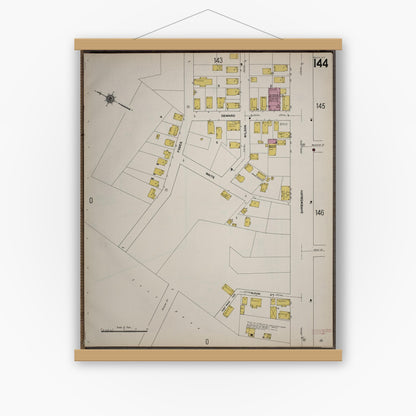 Old map wall art mockup — magnetic wood frame on white wall — Sanborn Fire Insurance Map from Worcester, Worcester County, Massachusetts (1910), Sheet #0144