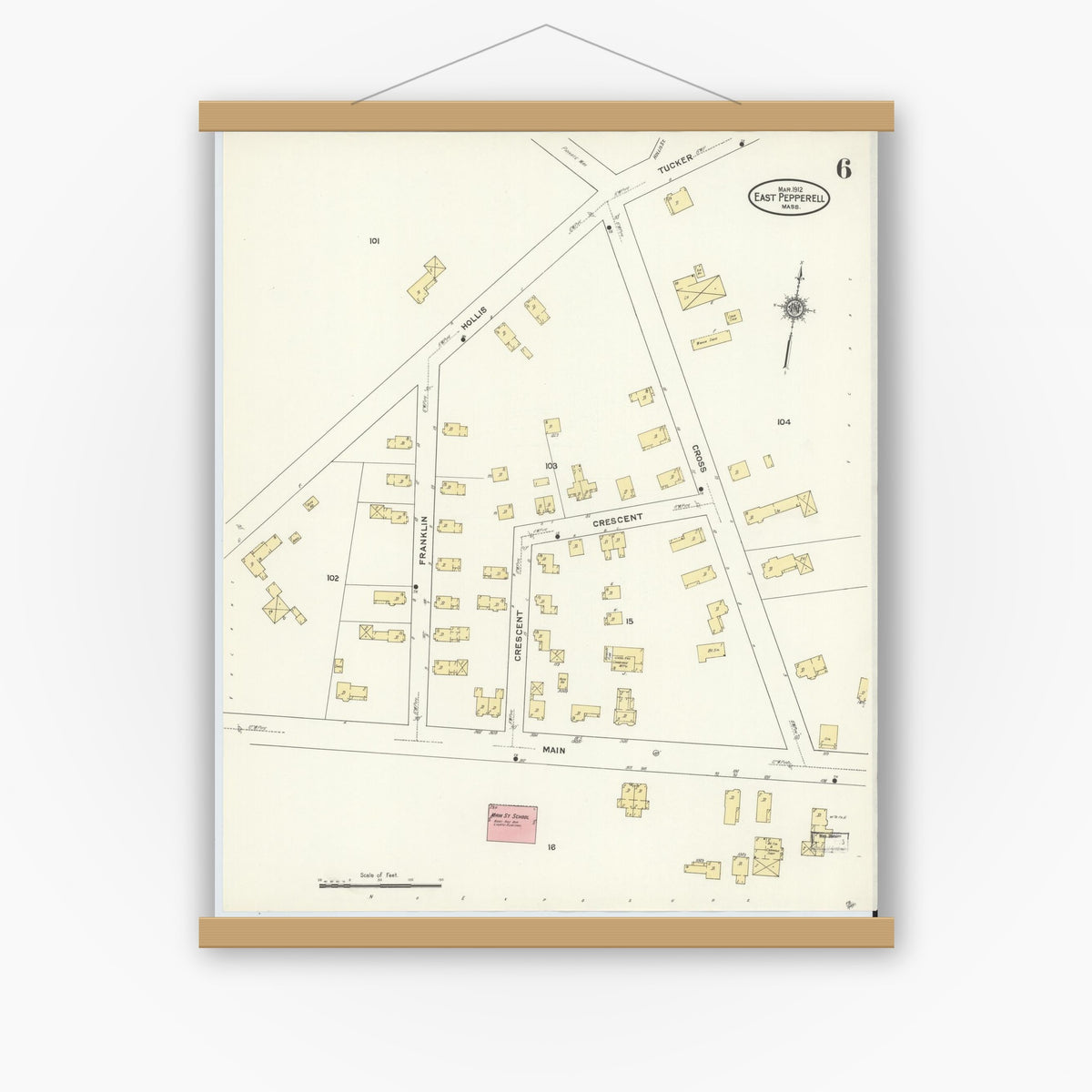 Old map wall art mockup — magnetic wood frame on white wall — Sanborn Fire Insurance Map from East Pepperell, Middlesex County, Massachusetts (1912), Sheet #0006