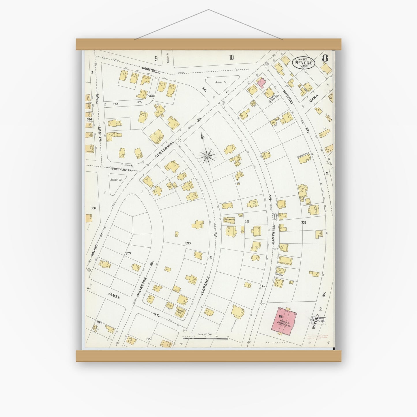 Old map wall art mockup — magnetic wood frame on white wall — Sanborn Fire Insurance Map from Revere, Suffolk County, Massachusetts (1900), Sheet #0008
