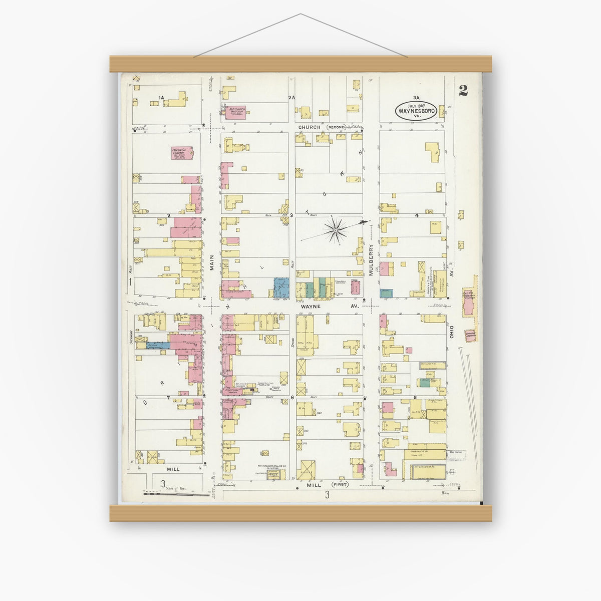 Old map wall art mockup — magnetic wood frame on white wall — Sanborn Fire Insurance Map from Waynesboro, Independent Cities, Virginia (1907), Sheet #0002
