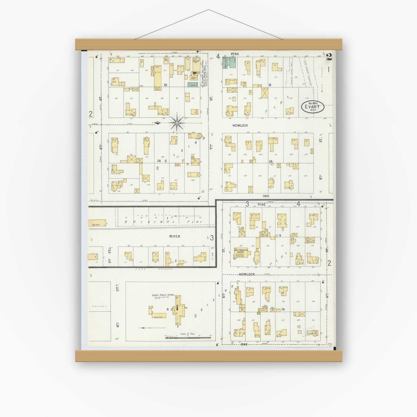 Old map wall art mockup — magnetic wood frame on white wall — Sanborn Fire Insurance Map from Evart, Osceola County, Michigan (1899), Sheet #0002