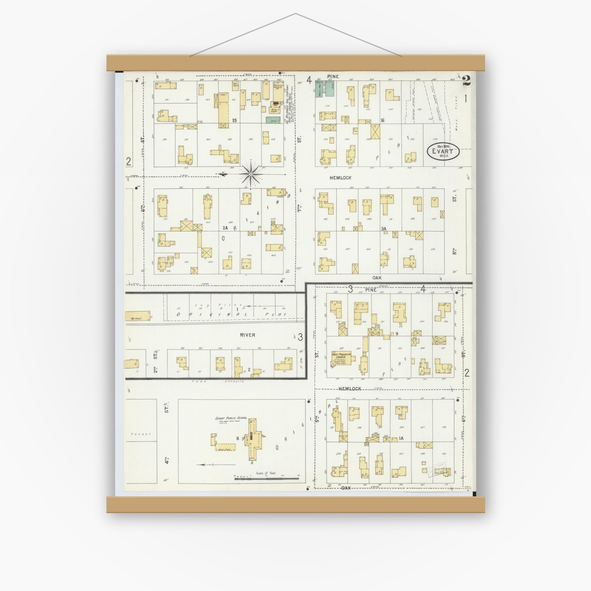 Old map wall art mockup — magnetic wood frame on white wall — Sanborn Fire Insurance Map from Evart, Osceola County, Michigan (1899), Sheet #0002