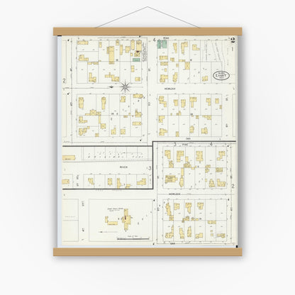 Old map wall art mockup — magnetic wood frame on white wall — Sanborn Fire Insurance Map from Evart, Osceola County, Michigan (1899), Sheet #0002