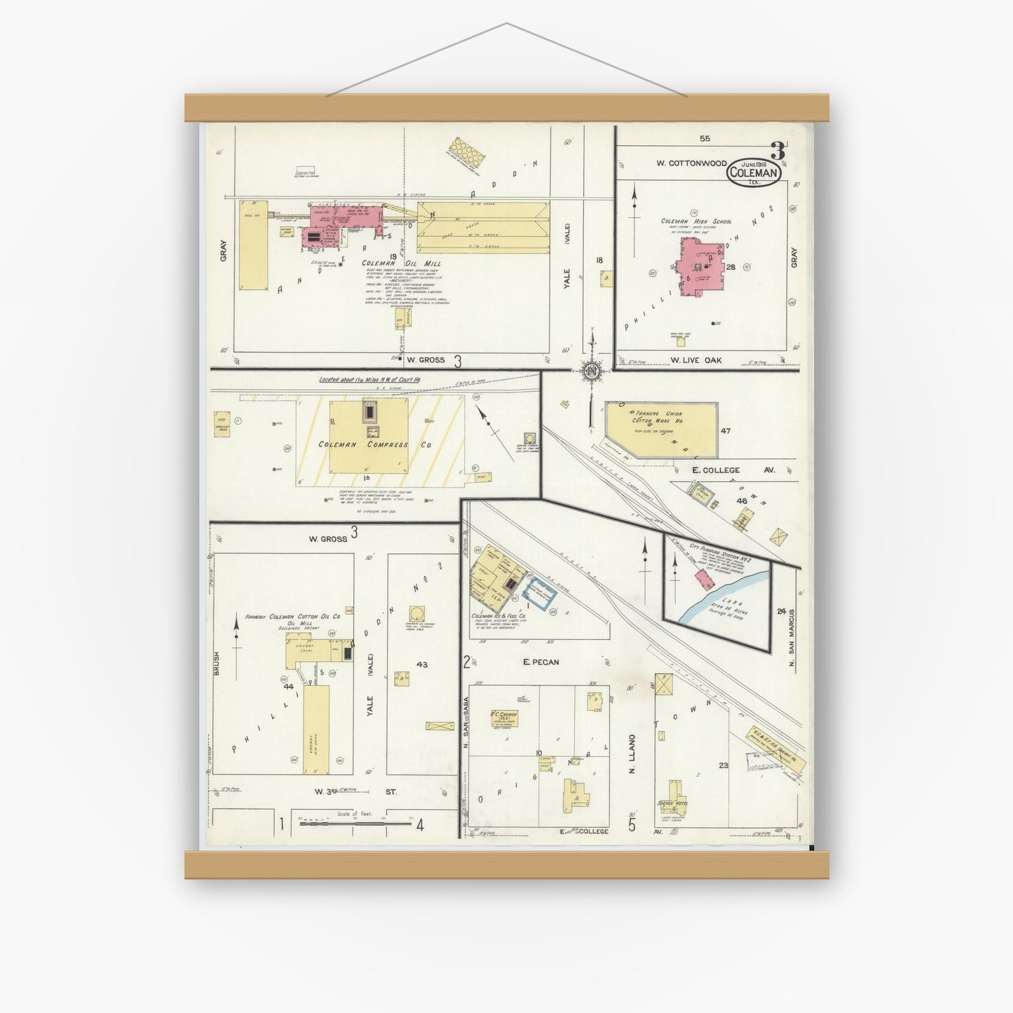 Old map wall art mockup — magnetic wood frame on white wall — Sanborn Fire Insurance Map from Coleman, Coleman County, Texas (1916), Sheet #0003