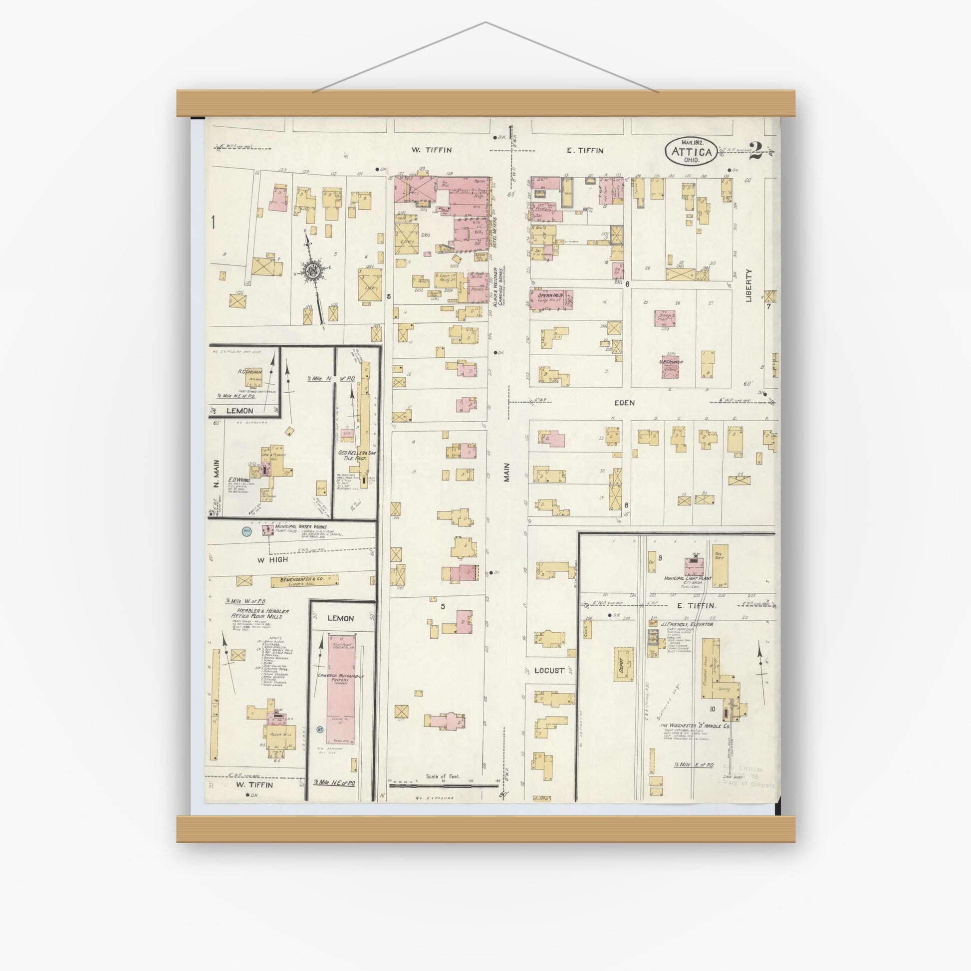 Old map wall art mockup — magnetic wood frame on white wall — Sanborn Fire Insurance Map from Attica, Seneca County, Ohio (1912), Sheet #0002