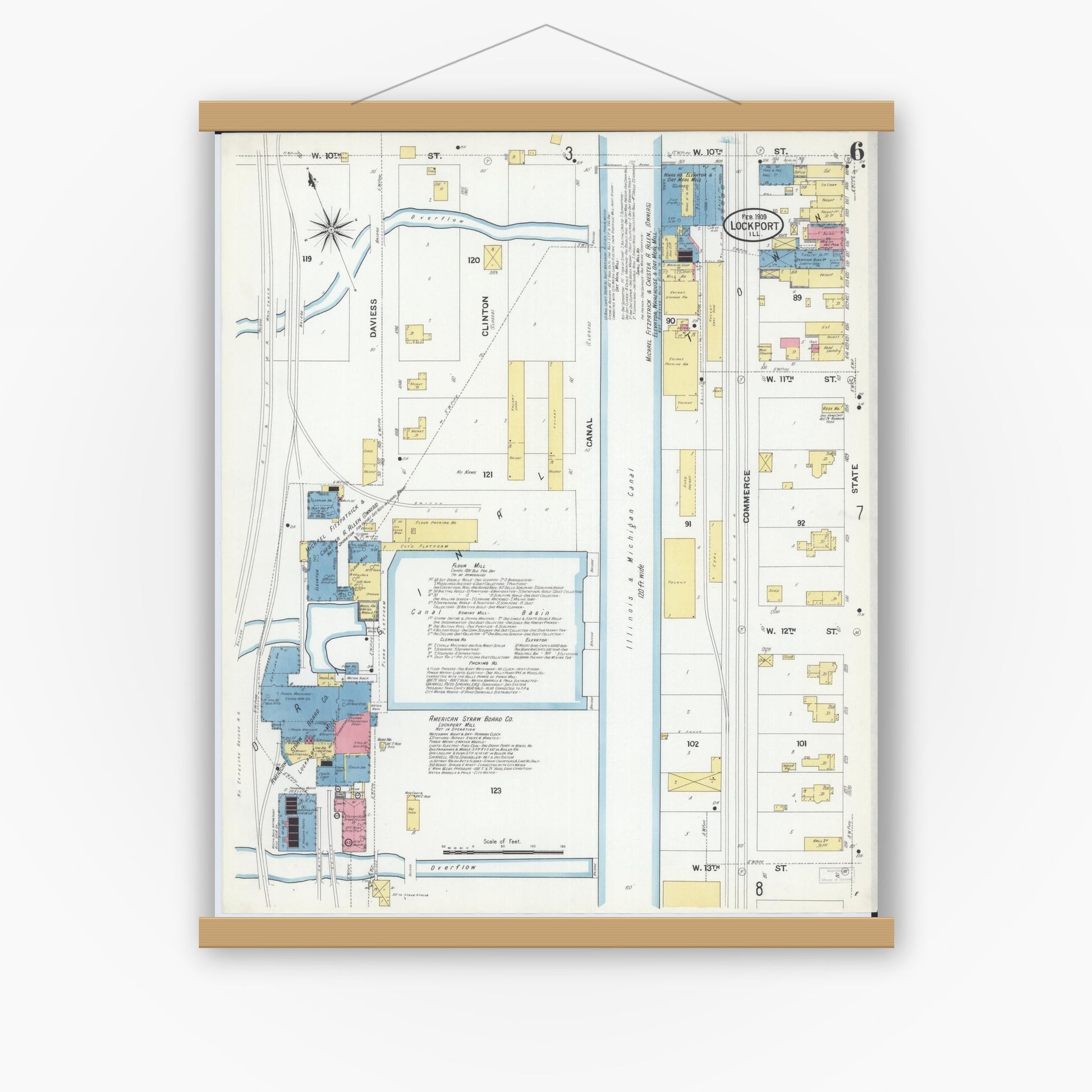 Old map wall art mockup — magnetic wood frame on white wall — Sanborn Fire Insurance Map from Lockport, Will County, Illinois (1909), Sheet #0006