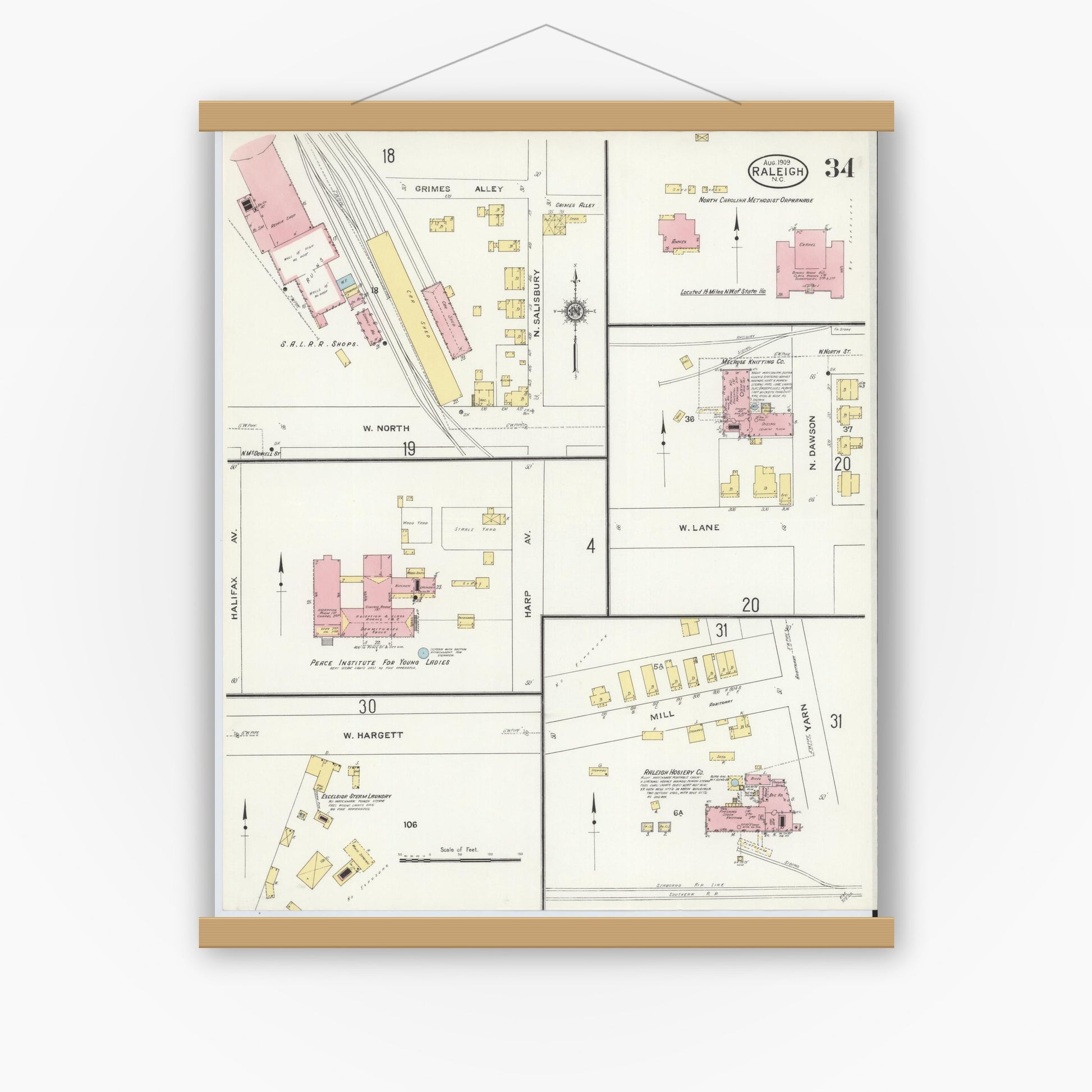 Old map wall art mockup — magnetic wood frame on white wall — Sanborn Fire Insurance Map from Raleigh, Wake County, North Carolina (1909), Sheet #0034