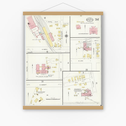 Old map wall art mockup — magnetic wood frame on white wall — Sanborn Fire Insurance Map from Raleigh, Wake County, North Carolina (1909), Sheet #0034