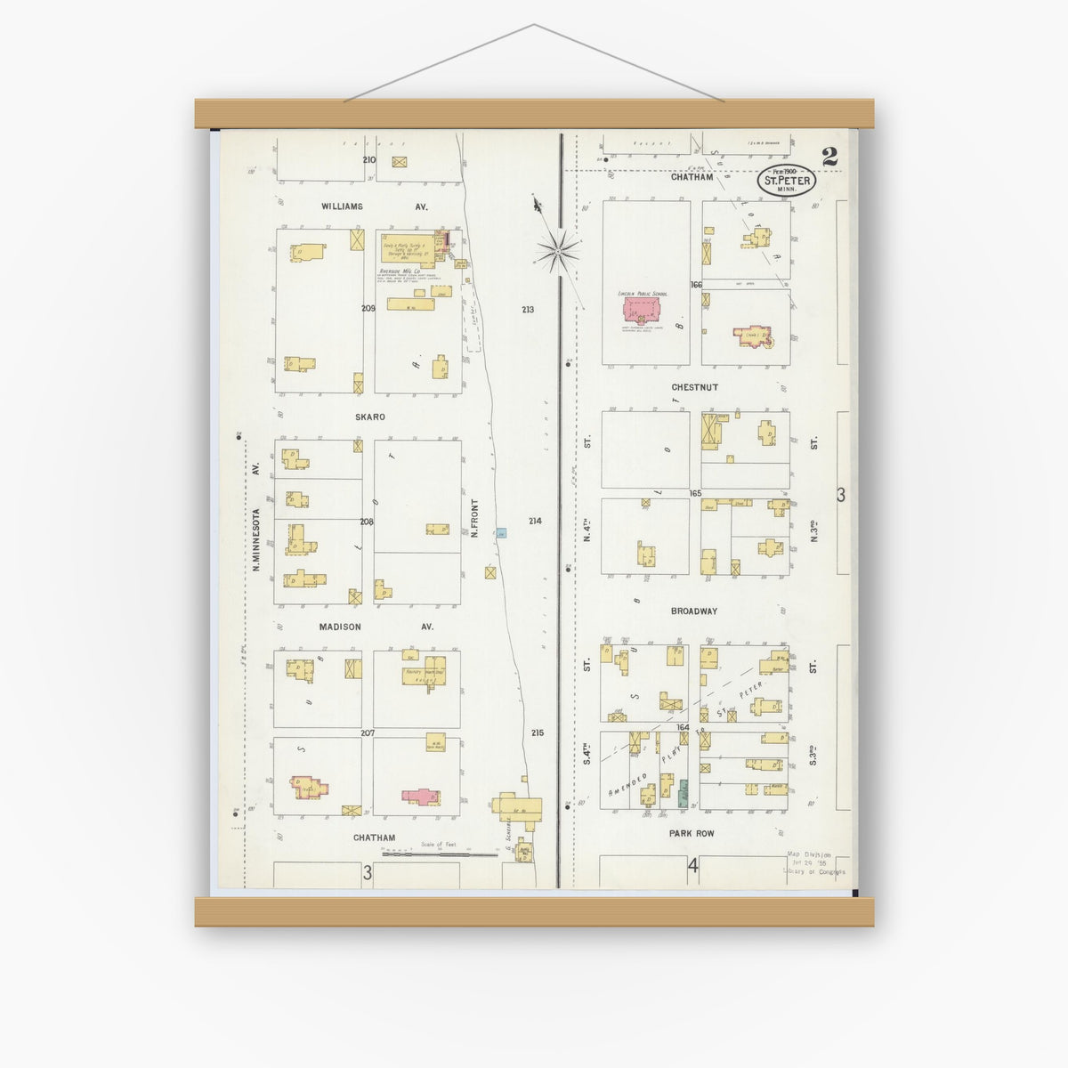 Old map wall art mockup — magnetic wood frame on white wall — Sanborn Fire Insurance Map from Saint Peter, Nicollet County, Minnesota (1900), Sheet #0002