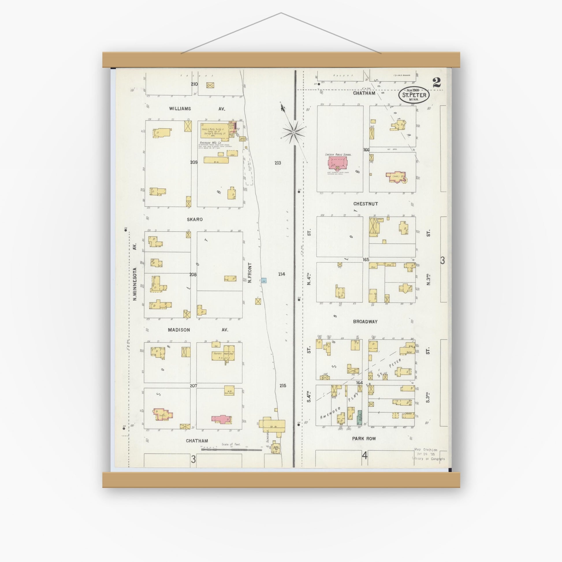 Old map wall art mockup — magnetic wood frame on white wall — Sanborn Fire Insurance Map from Saint Peter, Nicollet County, Minnesota (1900), Sheet #0002