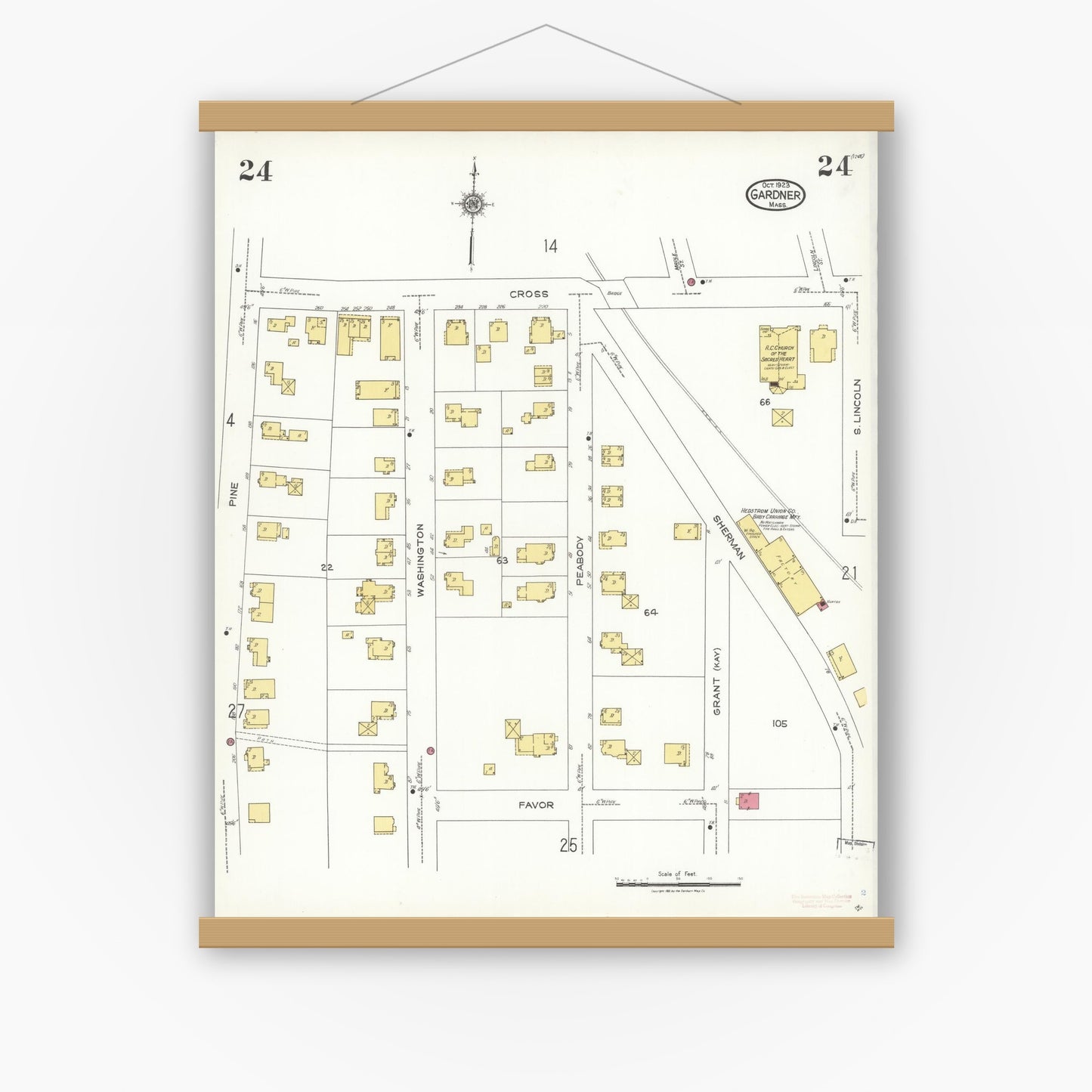 Old map wall art mockup — magnetic wood frame on white wall — Sanborn Fire Insurance Map from Gardner, Worcester County, Massachusetts (1923), Sheet #0024