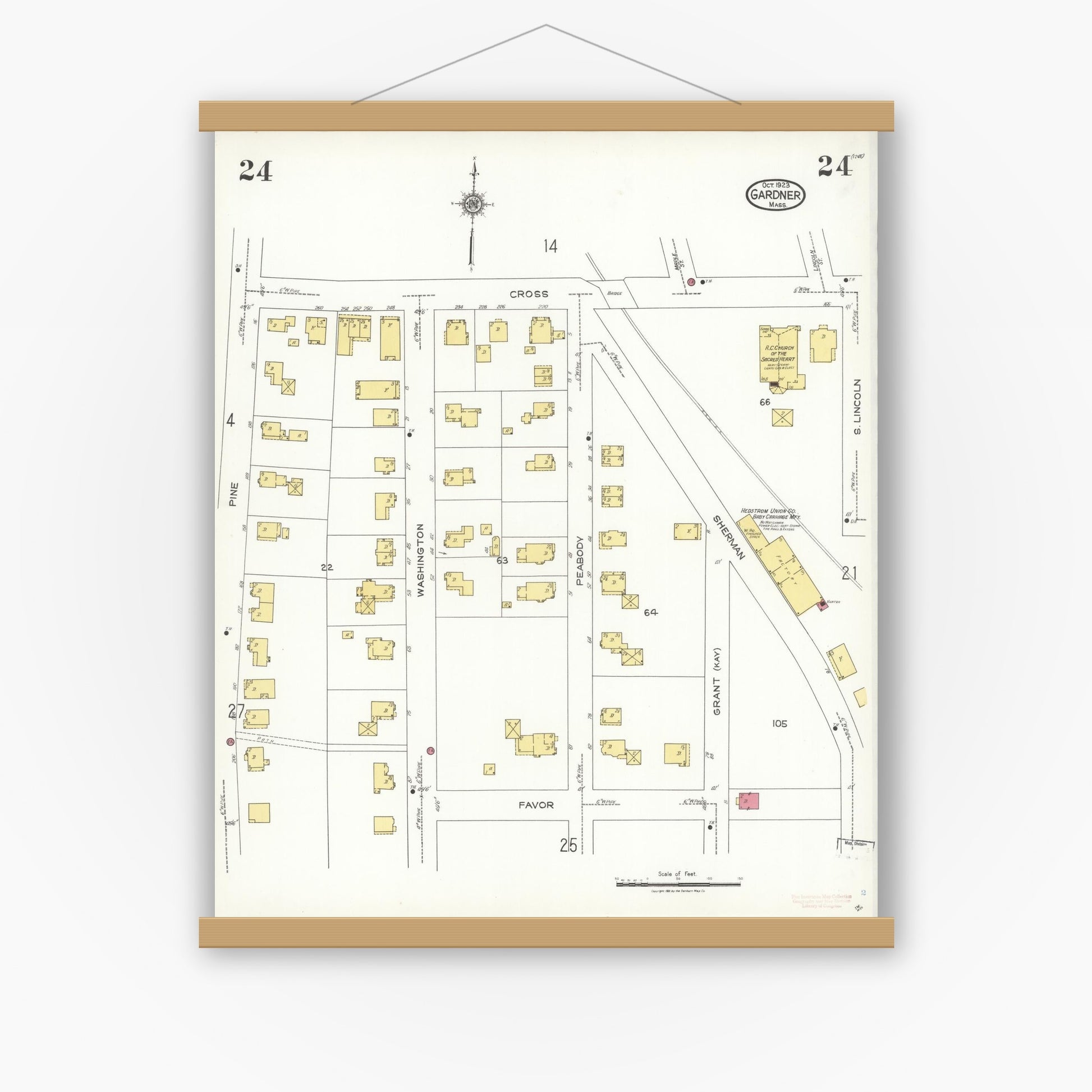 Old map wall art mockup — magnetic wood frame on white wall — Sanborn Fire Insurance Map from Gardner, Worcester County, Massachusetts (1923), Sheet #0024
