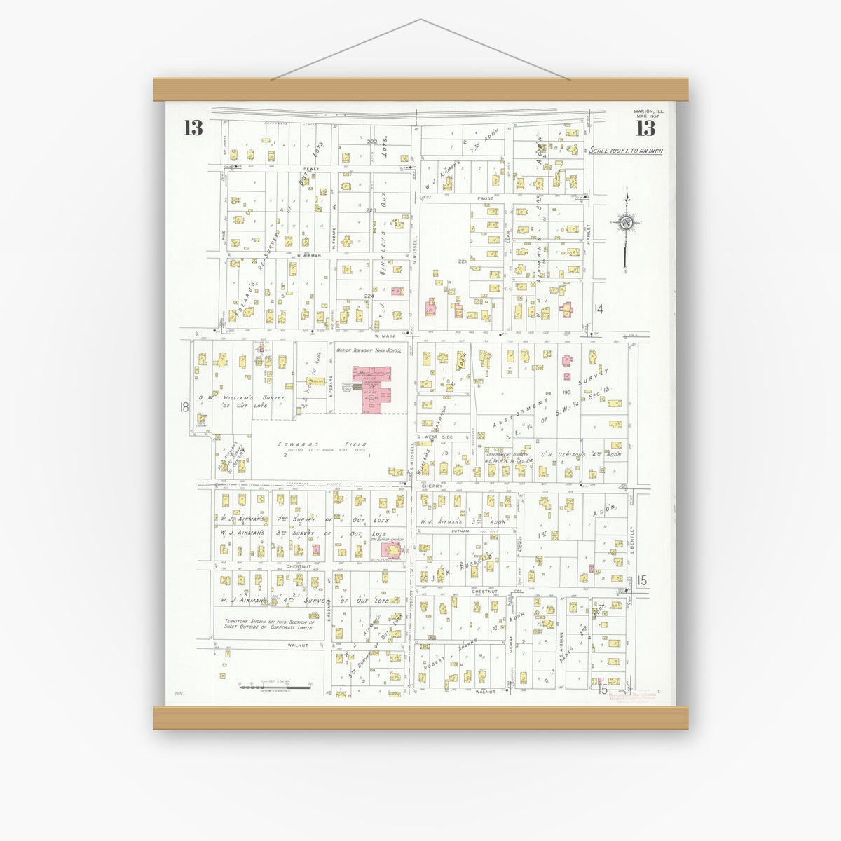 Old map wall art mockup — magnetic wood frame on white wall — Sanborn Fire Insurance Map from Marion, Williamson County, Illinois (1937), Sheet #0013