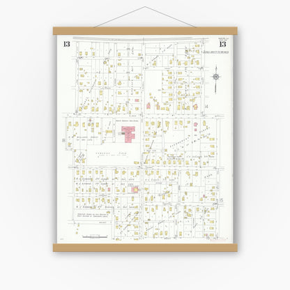Old map wall art mockup — magnetic wood frame on white wall — Sanborn Fire Insurance Map from Marion, Williamson County, Illinois (1937), Sheet #0013