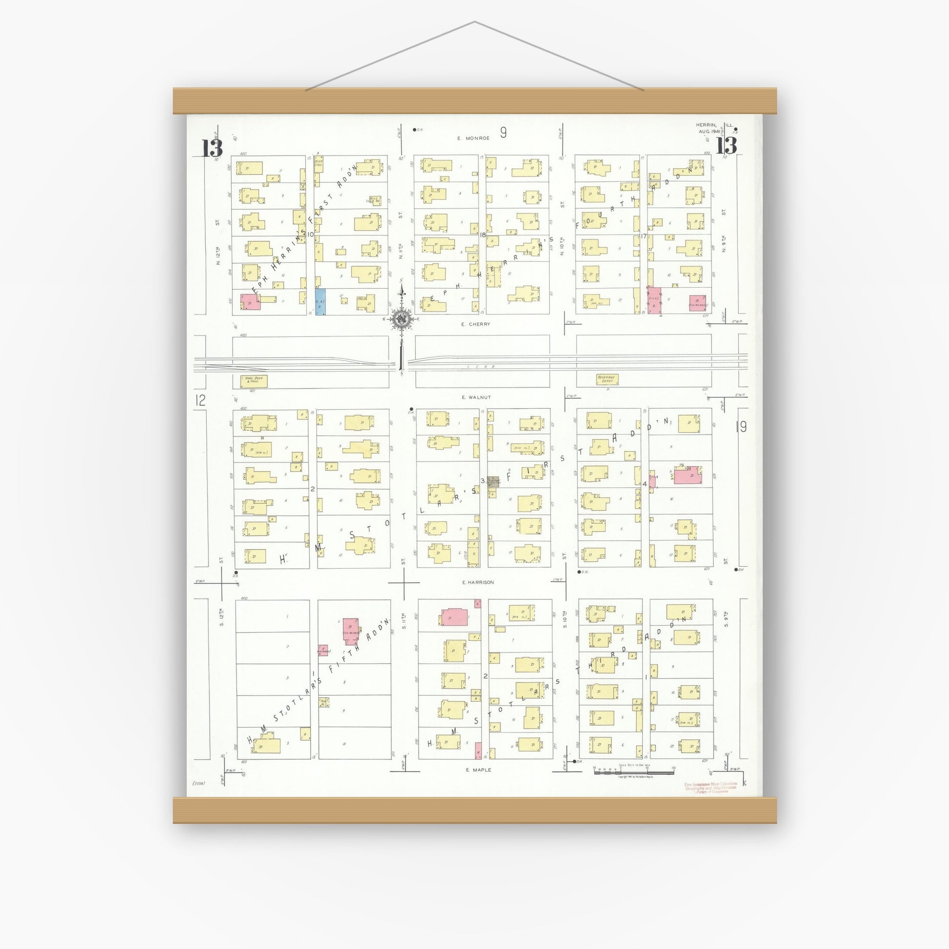 Old map wall art mockup — magnetic wood frame on white wall — Sanborn Fire Insurance Map from Herrin, Williamson County, Illinois (1941), Sheet #0013