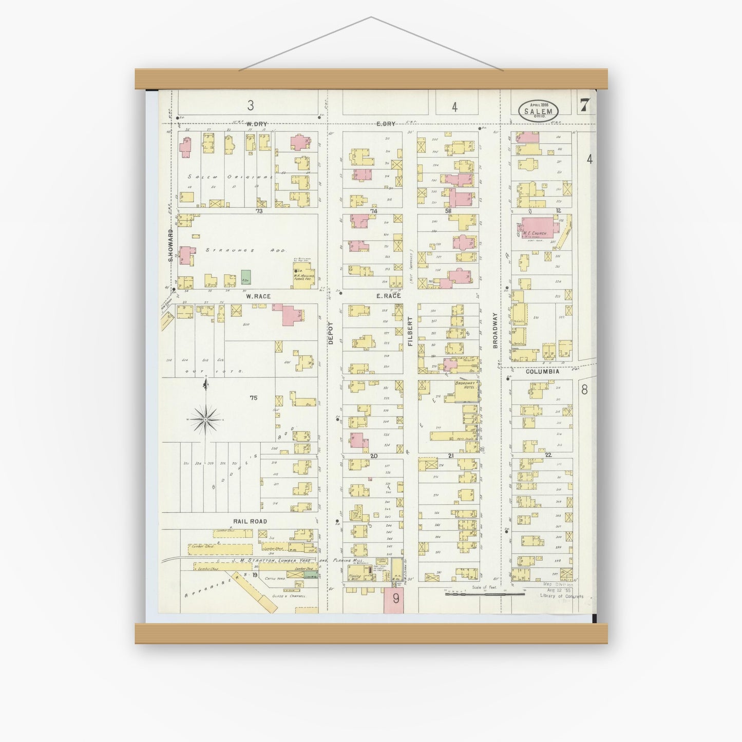 Old map wall art mockup — magnetic wood frame on white wall — Sanborn Fire Insurance Map from Salem, Columbiana County, Ohio (1898), Sheet #0007