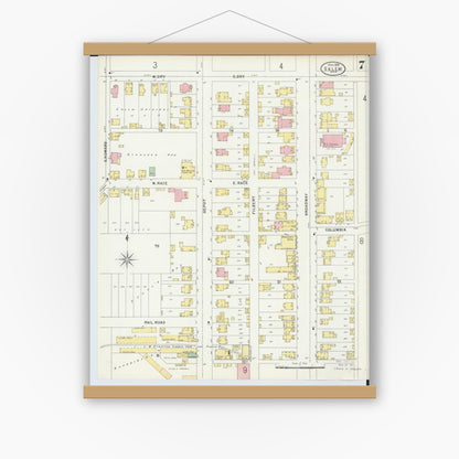 Old map wall art mockup — magnetic wood frame on white wall — Sanborn Fire Insurance Map from Salem, Columbiana County, Ohio (1898), Sheet #0007