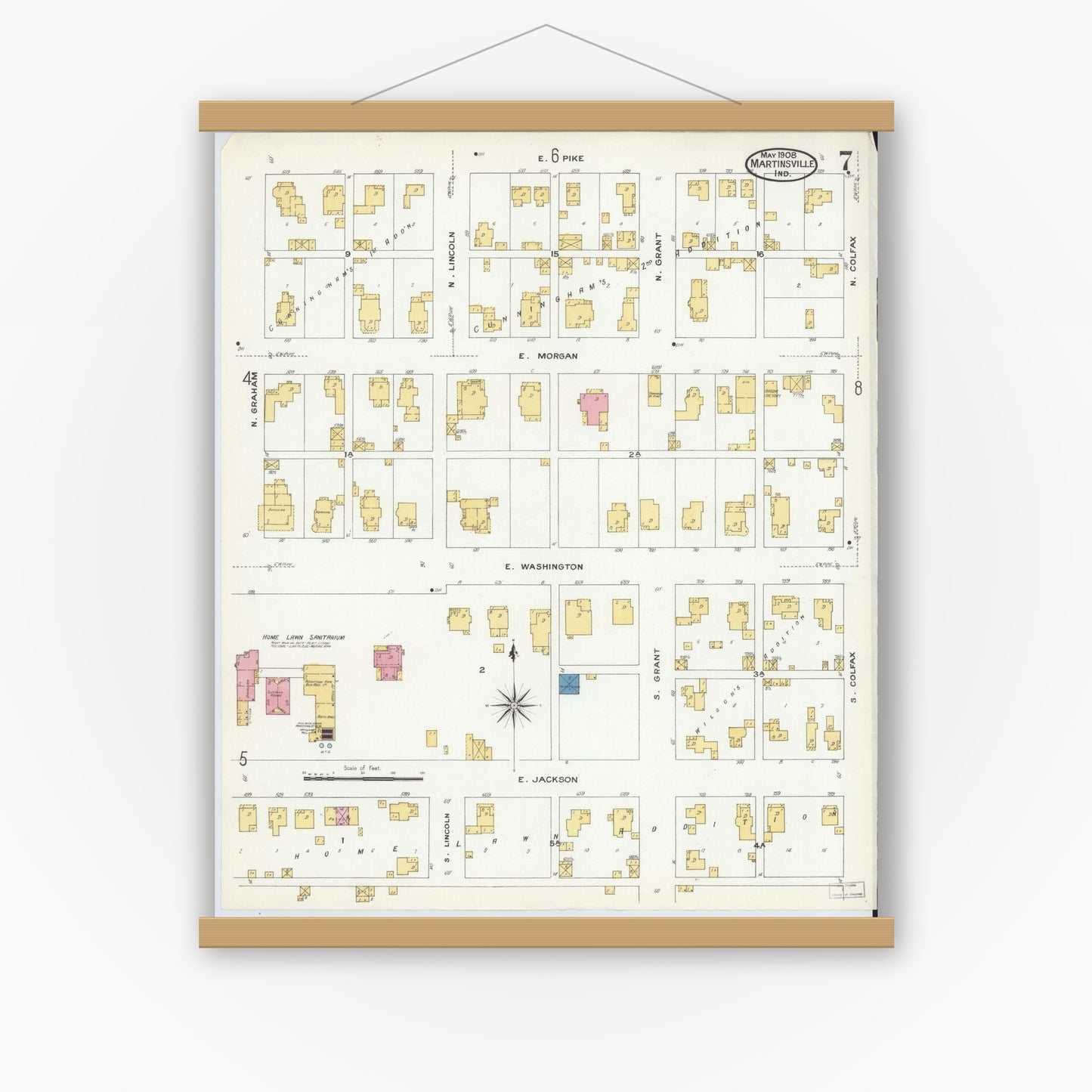 Old map wall art mockup — magnetic wood frame on white wall — Sanborn Fire Insurance Map from Martinsville, Morgan County, Indiana (1908), Sheet #0007