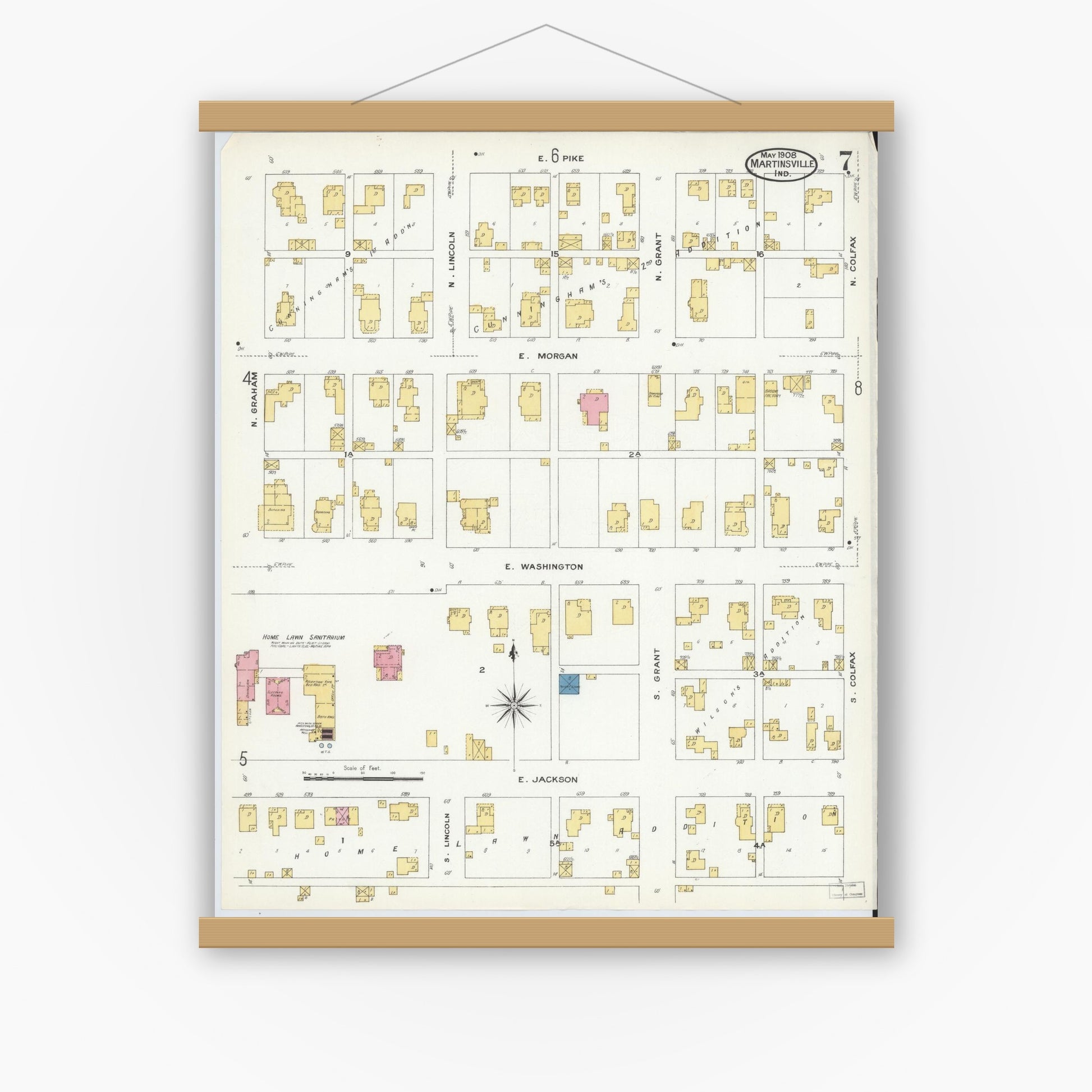 Old map wall art mockup — magnetic wood frame on white wall — Sanborn Fire Insurance Map from Martinsville, Morgan County, Indiana (1908), Sheet #0007