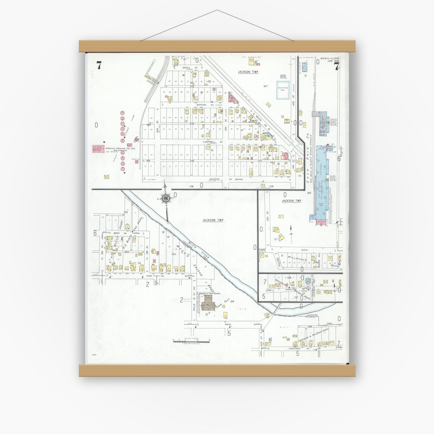 Old map wall art mockup — magnetic wood frame on white wall — Sanborn Fire Insurance Map from Byesville, Guernsey County, Ohio (1948), Sheet #0007