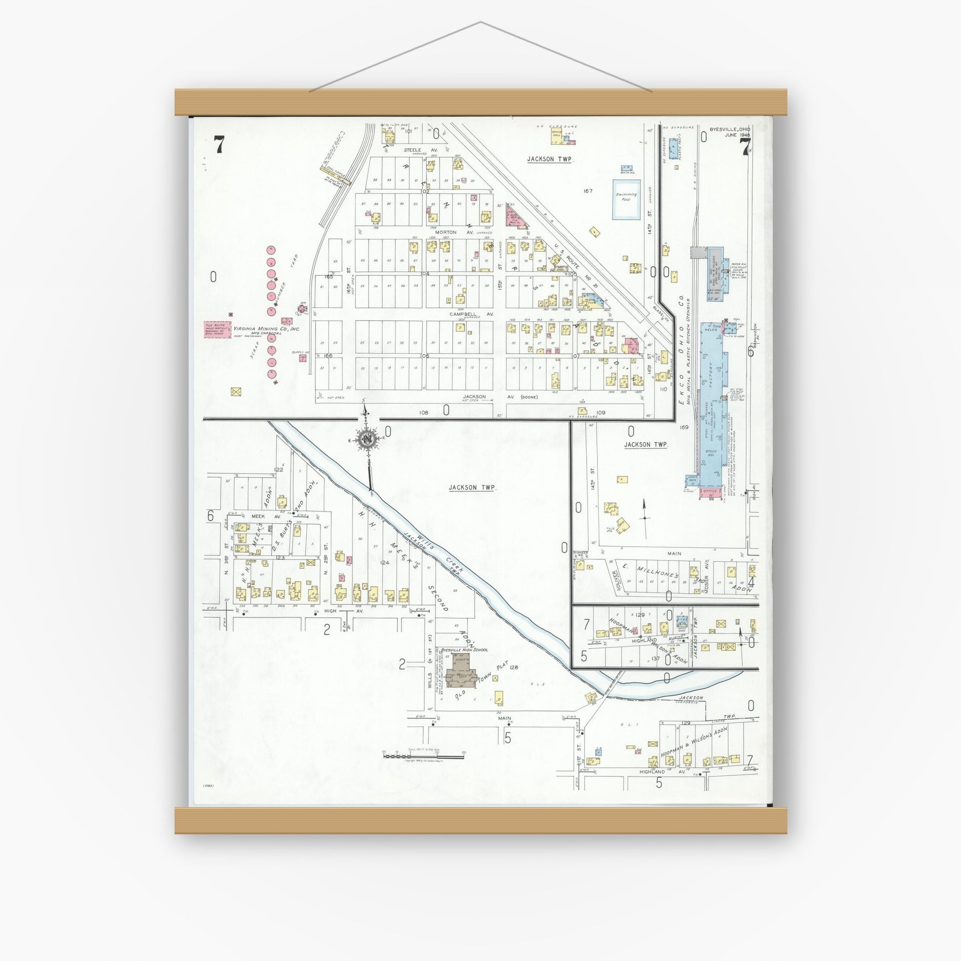 Old map wall art mockup — magnetic wood frame on white wall — Sanborn Fire Insurance Map from Byesville, Guernsey County, Ohio (1948), Sheet #0007