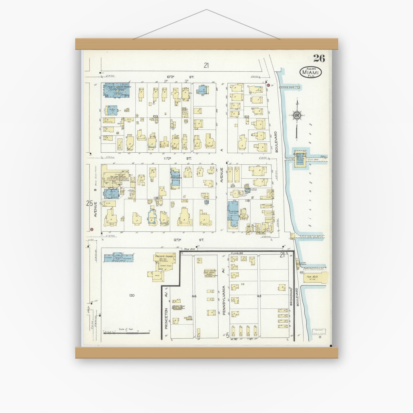Old map wall art mockup — magnetic wood frame on white wall — Sanborn Fire Insurance Map from Miami, Dade County, Florida (1914), Sheet #0026